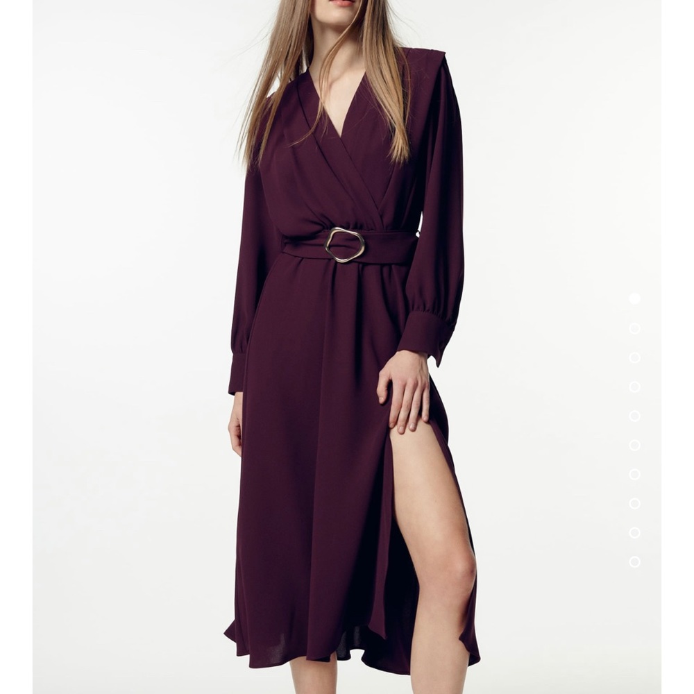 NWT Zara Belted Burgundy Midi Dress Size Xs